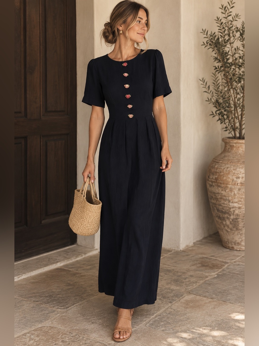 Vintage JBS Navy Rose Button Dress 90s Cottagecore Coquette Tie Waist Maxi M / L